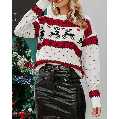  Femmes Pull de Noël Pull Fair Isle Pull Pull Fair Isle Mode Occasionnel Renne de Noël Côtelé Col ras du cou Tricoté Imprimé manche longue Hauts Réguliers Tricoter Noël Extérieur Quotidien Rouge