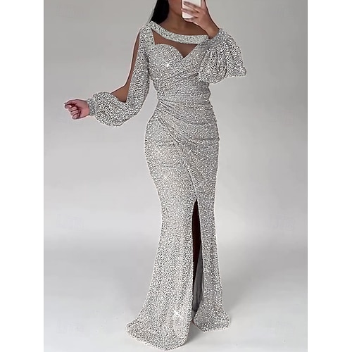 Robe de soirée sirène en sequins Robe de fête Formelle Traîne courte Manches longues Col rond avec Paillettes Fente ruchée Robe Masquerade