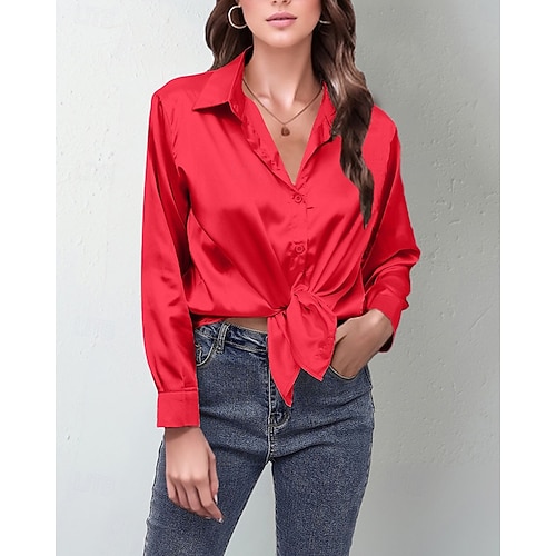  Per donna Camicia Camicia in raso Semplice Elegante Casual Manica Lunga Colletto a Camicia Top Regolari Quotidiano Uscire Bottoni Nero Rosa Vino Rosso Blu marino Primavera Autunno