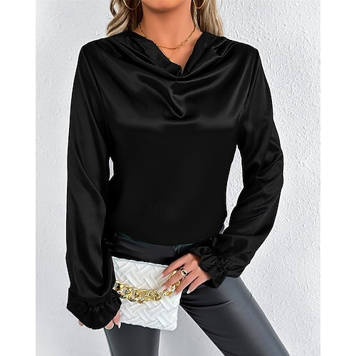  Per donna Camicia Camicia in raso Tinta unica Elegante Casual Manica Lunga Scollo a Cascata Top Regolari Quotidiano Uscire Drappeggiato Nero Rosa Verde Albicocca Primavera Autunno