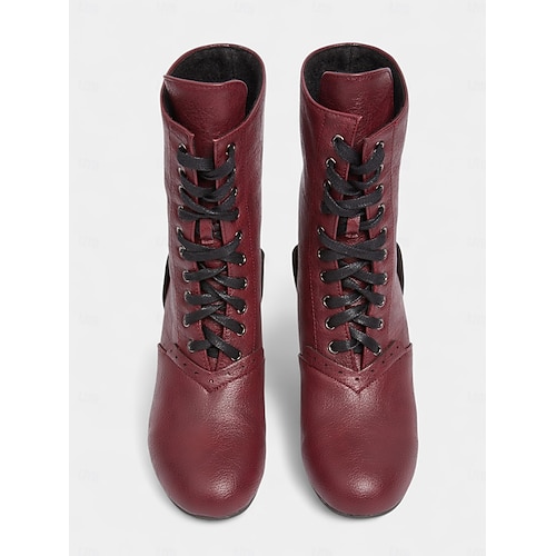  Women's 1950s Brogue Lace-Up Ankle Boots – Vintage Burgundy Leather Low Heel Retro Booties for Elegant Daily, Cosplay and Formal Party Wear