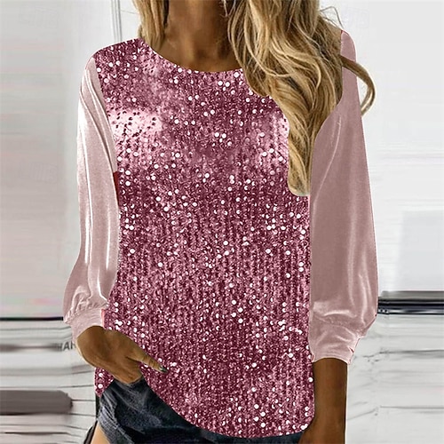  Femmes T-shirt Couleur Unie Mode Élégant Classique manche longue Col ras du cou Hauts Réguliers Quotidien Week-end Paillettes Patchwork Rose Claire Printemps Automne
