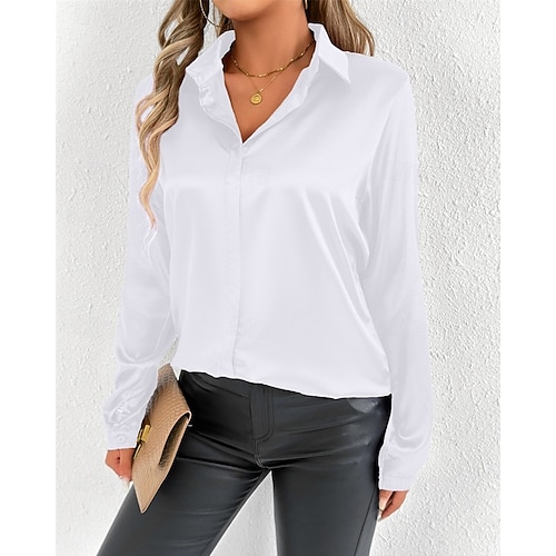 Per donna Camicia Camicia in raso Tinta unica Elegante Casual Manica Lunga Colletto a Camicia Top Regolari Quotidiano Uscire Bottoni Nero Bianco Beige Primavera Autunno