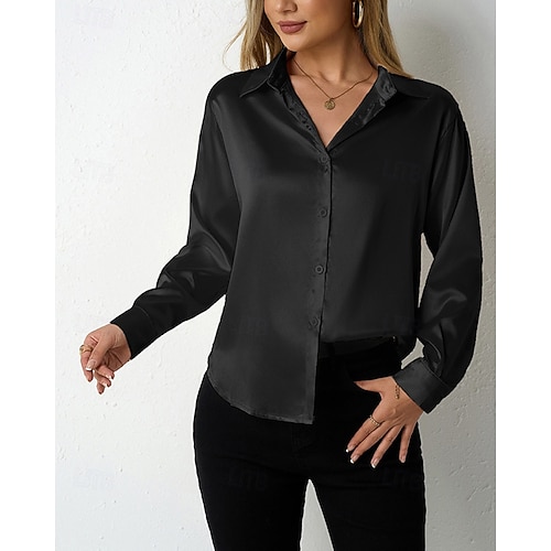  Per donna Camicia Camicia in raso Tinta unica Vintage Tropicale Elegante Manica Lunga Scollo a V Colletto a Camicia Top Regolari Quotidiano Uscire Bottoni Nero Cammello Marrone Grigio scuro Grigio
