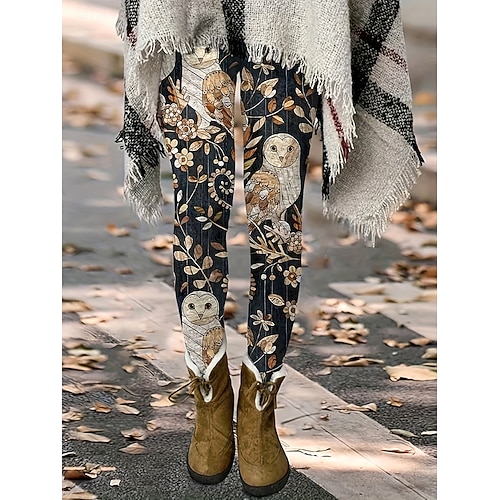  Damskie Getry Urlop Zabytkowe Moda Pełna długość Wysoka talia Kwiaty Graficzny Sowa Drukowanie Keep Warm Miękka Oddychający Wysoka elastyczność Urlop Ulica Codzienny Czarny Wiosna Jesień Zima