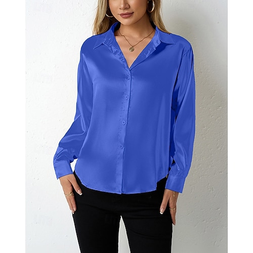  Per donna Camicia Camicia in raso Tinta unica Elegante Casual Manica Lunga Colletto a Camicia Top Regolari Quotidiano Uscire Bottoni Vino Blu Reale Viola Arancione Verde Primavera Autunno