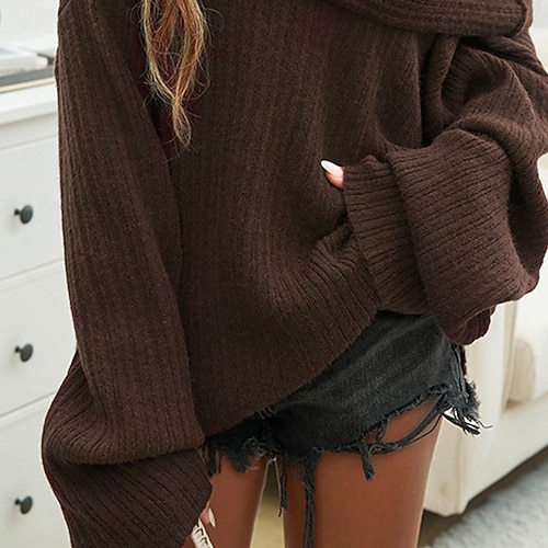  Femmes Pull Élégant Mode Streetwear Couleur Unie Côtelé Épaules Dénudées Tricoté manche longue Hauts Réguliers Tricoter Extérieur Quotidien Week-end Café Automne Hiver