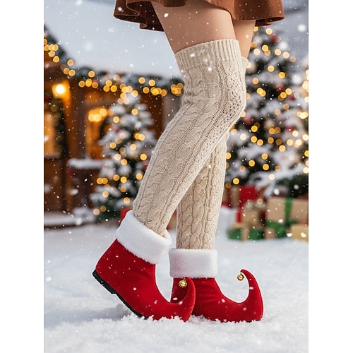 Women's Red Christmas Elf Boots with Curled Toe and Jingle Bells