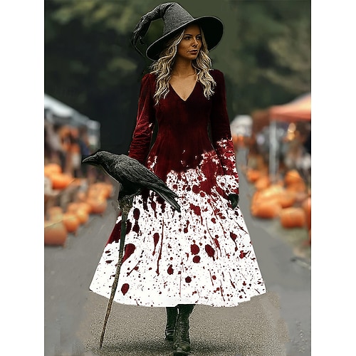  Halloween Dámské Midi šaty Áčkové šaty prázdniny Na běžné nošení Cikánský Plážové Běžný Grafika Abstraktní Dlouhý rukáv Do V Bílá Tmavě červená Fialová Hnědá Jaro Podzim Zima