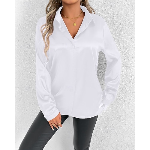  Per donna Camicia Camicia in raso Tinta unica Elegante Casual Manica Lunga Colletto a Camicia Top Regolari Quotidiano Uscire Bottoni Nero Bianco Beige Primavera Autunno