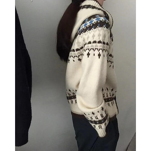  Dame Genser Kofte Fair Isle genser Mote Fritid Geometrisk Riflet Med hette Knapper Strikket Trykt mønster Langermet Vanlige topper Strikke Jul utendørs Daglig Beige Høst Vinter