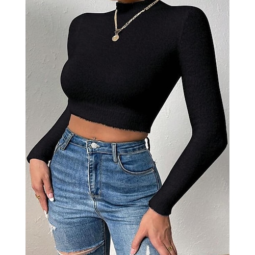  Femmes Pull Mode Occasionnel Couleur Unie Côtelé Col montant Tricoté manche longue Hauts Réguliers Tricoter Extérieur Quotidien Week-end Noir Blanche Automne Hiver