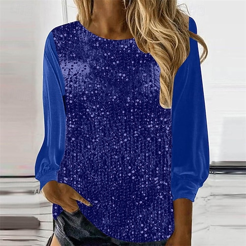  Femmes T-shirt Couleur Unie Mode Élégant Classique manche longue Col rond Hauts Réguliers Quotidien Week-end Paillettes Patchwork Bleu Printemps Automne
