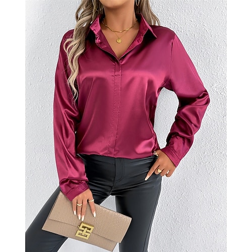  Per donna Camicia Camicia in raso Tinta unica Elegante Essenziale Casual Manica Lunga Colletto a Camicia Top Regolari Quotidiano Uscire Bottoni Rosso Blu marino Blu Reale Primavera Autunno