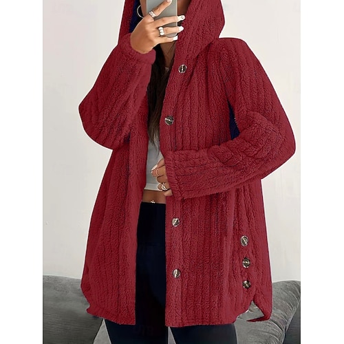  Dames Sherpa jas Comfortabel Ademend Zak Knop Casual Effen Vakantie Straat Casual Alledaagse kleding Enkele rij knopen Lang Capuchon Ruim Passend Lange mouw bovenkleding Zwart Blozend Roze Rood Lente