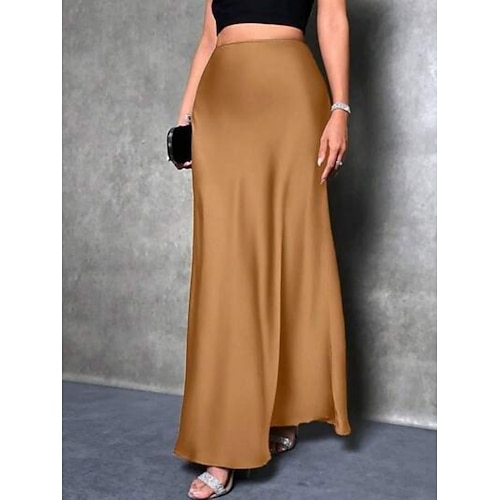  Femmes Jupe Moulant Élégant Mode Maxi Taille haute Jupes Uni Micro-Élastique Soirée Rue Vin Bleu Vert foncé Violet Printemps Satin Polyester