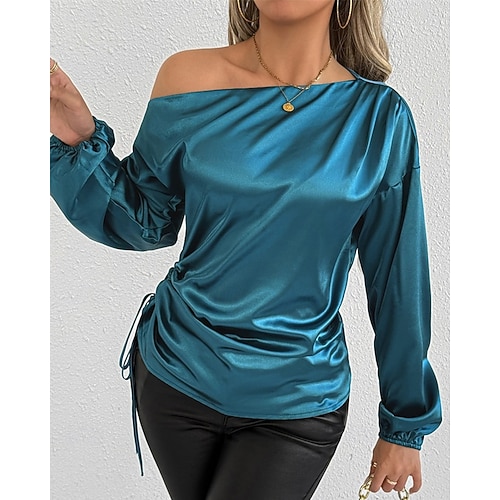  Dames Overhemd Satijnen overhemd Effen Kleur Elegant Stijlvol Basic Lange mouw Schouderafhangend koude schouder Normale tops Dagelijks Uitgaan Asymmetrisch blauw Lente Herfst