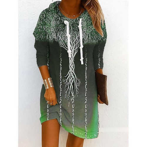  Damen Minikleid Etui-Kleid Shiftkleid Party Lässig Boho Outdoor Heim Sport Normale Passform Blumen Grafik Abstrakt Langarm Mit Kapuze Blau Purpur Grün Grau Frühling Herbst Winter
