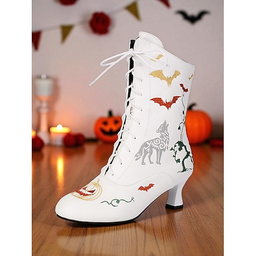  Dámské viktoriánské halloweenské šněrovací kotníkové boty – černé retro kožené botičky na podpatku s potiskem netopýrů, dýní a vlků na kostýmní párty a cosplay