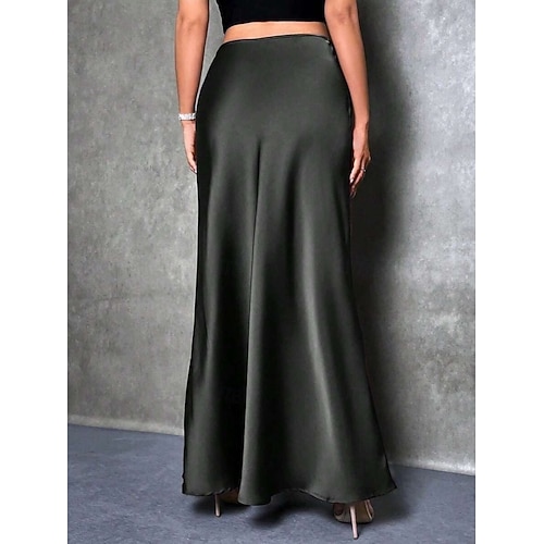  Femmes Jupe Moulant Élégant Mode Maxi Taille haute Jupes Uni Micro-Élastique Soirée Rue Noir Fuchsia Vert Kaki Printemps Satin Polyester