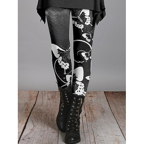  Damskie Getry Urlop Zabytkowe Moda Do kostek Wysoka talia Kwiaty Graficzny Kształt listka Drukowanie Keep Warm Miękka Oddychający Elastyczny Urlop Ulica Czarny Czerwony Granatowy Niebieski Wiosna