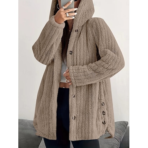  Dames Sherpa jas Comfortabel Ademend Zak Knop Casual Effen Vakantie Straat Casual Alledaagse kleding Enkele rij knopen Lang Capuchon Ruim Passend Lange mouw bovenkleding Zwart Blozend Roze Rood Lente