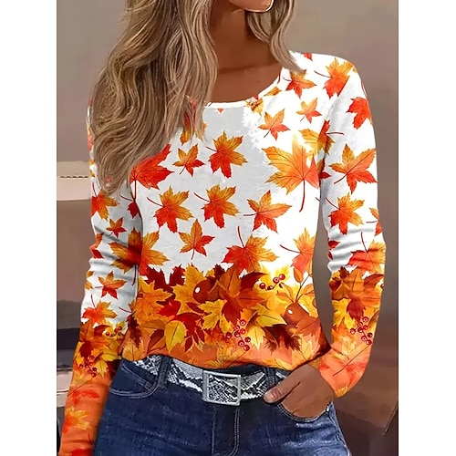  Femmes T-shirt Graphique Plantes ancien Élégant Classique manche longue Col ras du cou Col rond Hauts Réguliers Quotidien Imprimé Orange Vert Blanc Ecru Printemps Automne Hiver