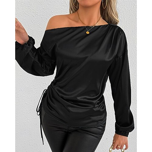  Dames Overhemd Satijnen overhemd Effen Stijlvol Casual Lange mouw koude schouder Normale tops Dagelijks Uitgaan Asymmetrisch Zwart Groen Lente Herfst
