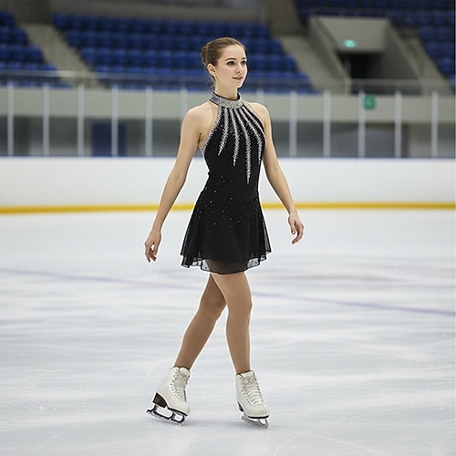 Eiskunstlaufkleid Damen Mädchen Eislaufen Kleid Schwarz Patchwork Offener Rücken Netzstoff Spandex Dehnbar Training Übung Professionell Eiskunstlaufkleidung Thermowarm Kristall / Strass Ärmellos