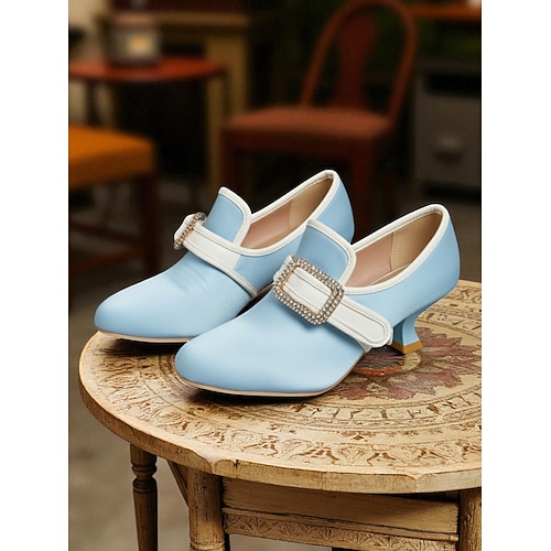  Women's 1920s Vintage Victorian Buckle Heels - Edwardian Satin Kitten Heel Dress Shoes for Lolita, Rococo and  Gatsby Party or Cosplay Outfits
