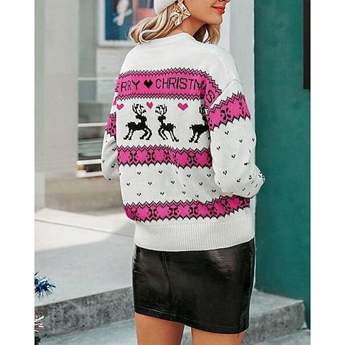  Femmes Pull Mode Occasionnel Renne de Noël Côtelé Col ras du cou Tricoté Imprimé manche longue Hauts Réguliers Tricoter Noël Extérieur Quotidien Rose Claire Automne Hiver