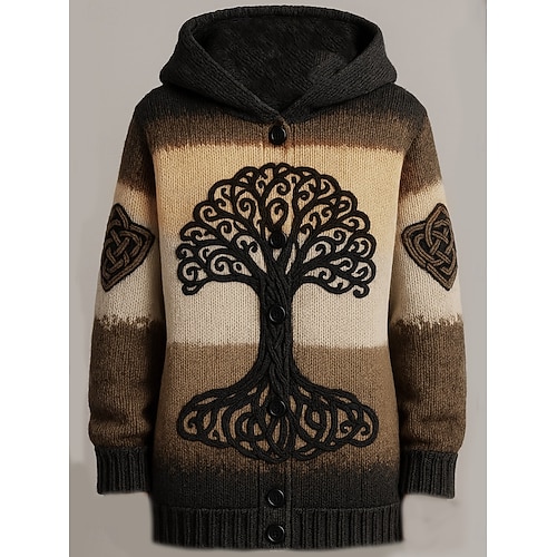  viking boho damkofta vintage vardag etnisk stil geometrisk färg tonad ribbad huva fickor knappar tryck långärmad långa toppar stickad utomhus helg brun höst vinter
