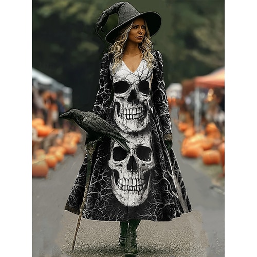 Halloween Women's Maxi Dress A Line Dress Vacation Casual Boho Beach Regular Fit Graphic Skull Bull Long Sleeve V Neck Black Wine Dark Grey Spring Fall