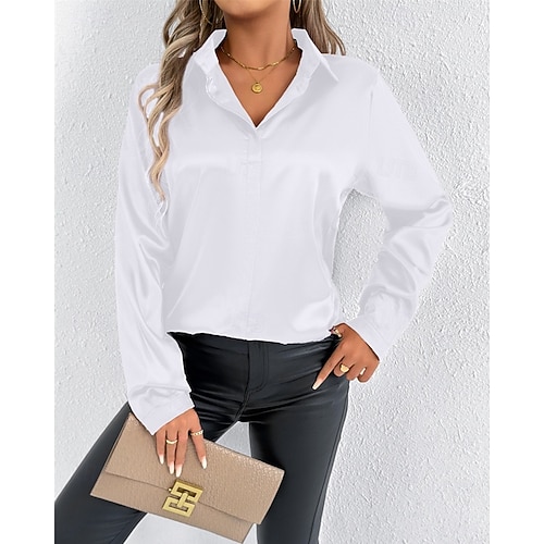  Per donna Camicia Camicia in raso Tinta unica Elegante Casual Manica Lunga Colletto a Camicia Top Regolari Quotidiano Uscire Bottoni Nero Bianco Beige Primavera Autunno