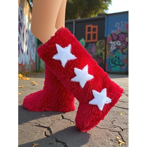 Women's Pink Furry Star Boots - Y2K Kawaii Knee High Plush Shoes