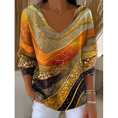  Femmes Pull Élégant Mode Streetwear Fleuri Graphique Col en V Tricoté manche longue Hauts Réguliers Tricoter Week-end Jaune Gingembre Automne Hiver