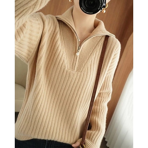  Damen Pullover Mode Basic Lässig Einfarbig Gerippt Halber Reißverschluss Reißverschluss Gestrickt Langarm Normale Oberteile Stricken Outdoor Täglich Wochenende Khaki Herbst Winter