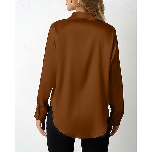  Per donna Camicia Camicia in raso Tinta unica Vintage Tropicale Elegante Manica Lunga Scollo a V Colletto a Camicia Top Regolari Quotidiano Uscire Bottoni Nero Cammello Marrone Grigio scuro Grigio