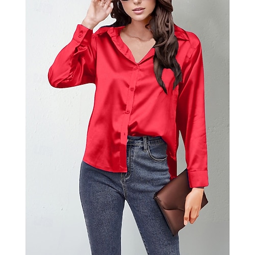  Per donna Camicia Camicia in raso Semplice Elegante Casual Manica Lunga Colletto a Camicia Top Regolari Quotidiano Uscire Bottoni Nero Rosa Vino Rosso Blu marino Primavera Autunno