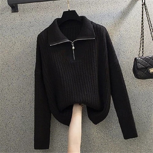  Damen Pullover Mode Basic Lässig Einfarbig Gerippt Halber Reißverschluss Reißverschluss Gestrickt Langarm Normale Oberteile Stricken Outdoor Täglich Wochenende Schwarz Herbst Winter