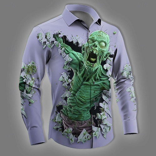  Halloween Miesten Zombeja Luuranko Kauhu Paita Button Up paita Pitkähihainen Tumma goottilainen tyyli Pyhäpäivä Katuvaatteet Kevät Syksy Sänkyjen avaus 3D-tulostus kauluspaidat Sininen Purppura Apila