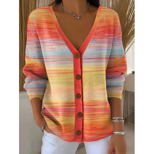 Damen Pullover Lässig Weich Gestreift Farbverläufe Gerippt V Ausschnitt Knöpfe Gestrickt Druck Langarm Normale Oberteile Stricken Outdoor Täglich Wochenende Gelb Fuchsie Frühling Herbst