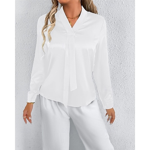  Per donna Camicia Camicia in raso Tinta unica Elegante Casual Manica Lunga Scollo a V Top Regolari Quotidiano Uscire Nodo frontale Nero Bianco Primavera Autunno