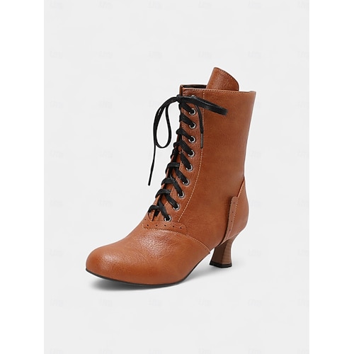  Women's 1950s Brogue Lace-Up Ankle Boots – Vintage Burgundy Leather Low Heel Retro Booties for Elegant Daily, Cosplay and Formal Party Wear