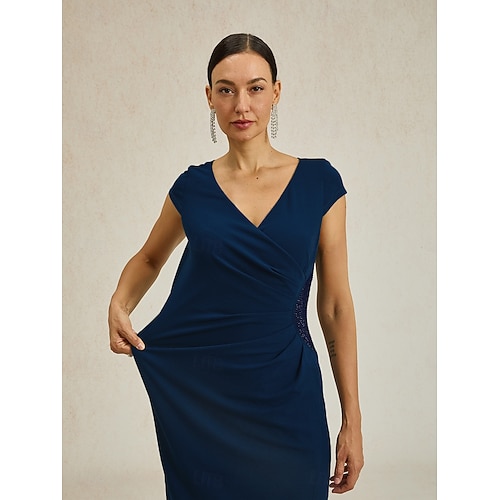  Femmes Robe maxi Robe fourreau Élégant Coupe régulière Couleur Unie Manche Courte Col en V bleu marine Été Printemps