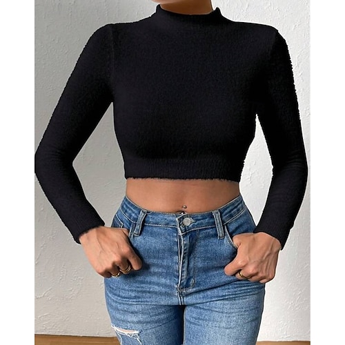  Femmes Pull Mode Occasionnel Couleur Unie Côtelé Col montant Tricoté manche longue Hauts Réguliers Tricoter Extérieur Quotidien Week-end Noir Blanche Automne Hiver