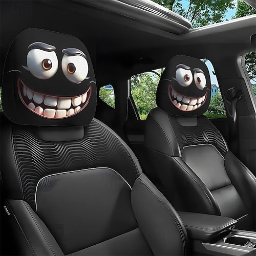 2pcs Funny Cartoon Car Headrest Covers Universal Fit of Funny Big-Eyed Grinning Cartoon Print Car Seat Headrest Covers Double-Sided Print Protector for Auto Front Seat Rest Decoration