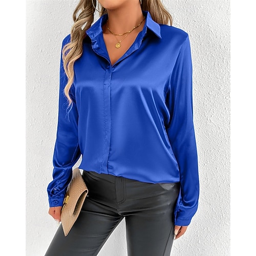  Per donna Camicia Camicia in raso Tinta unica Elegante Essenziale Casual Manica Lunga Colletto a Camicia Top Regolari Quotidiano Uscire Bottoni Rosso Blu marino Blu Reale Primavera Autunno