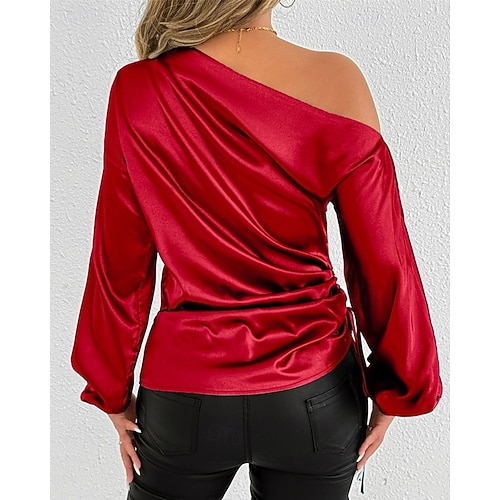  Dames Overhemd Satijnen overhemd Effen Kleur Effen Stijlvol Casual Lange mouw koude schouder Normale tops Dagelijks Uitgaan Asymmetrisch Rood Zomer Lente Herfst