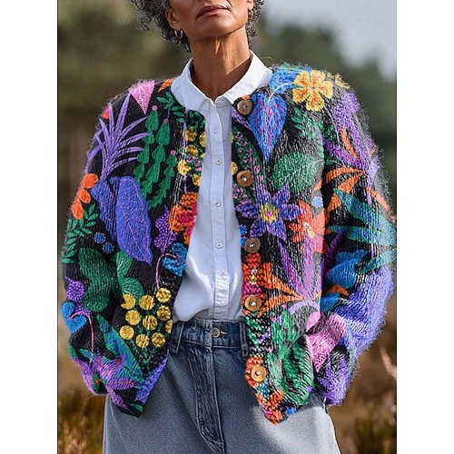  Dames Vest Dagelijks Bloemig Geribd Strakke ronde hals Knop Afdrukken Lange mouw Normale tops breien Buiten Weekend Zwart Geel Lente Herfst